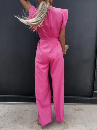 Ruffled Round Neck Cap Sleeve Jumpsuit Fuchsia Pink