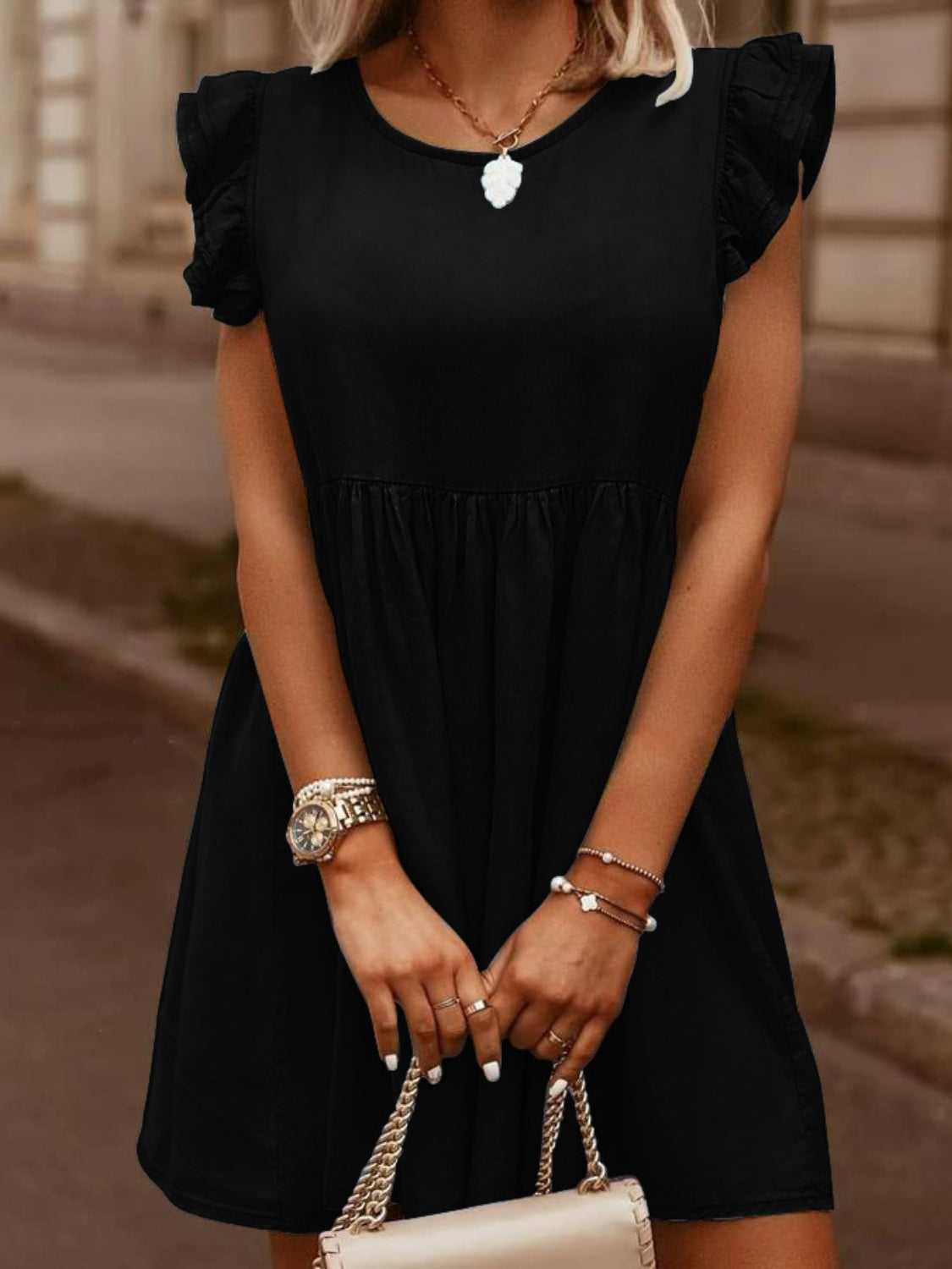 Full Size Ruffled Round Neck Cap Sleeve Denim Dress Black