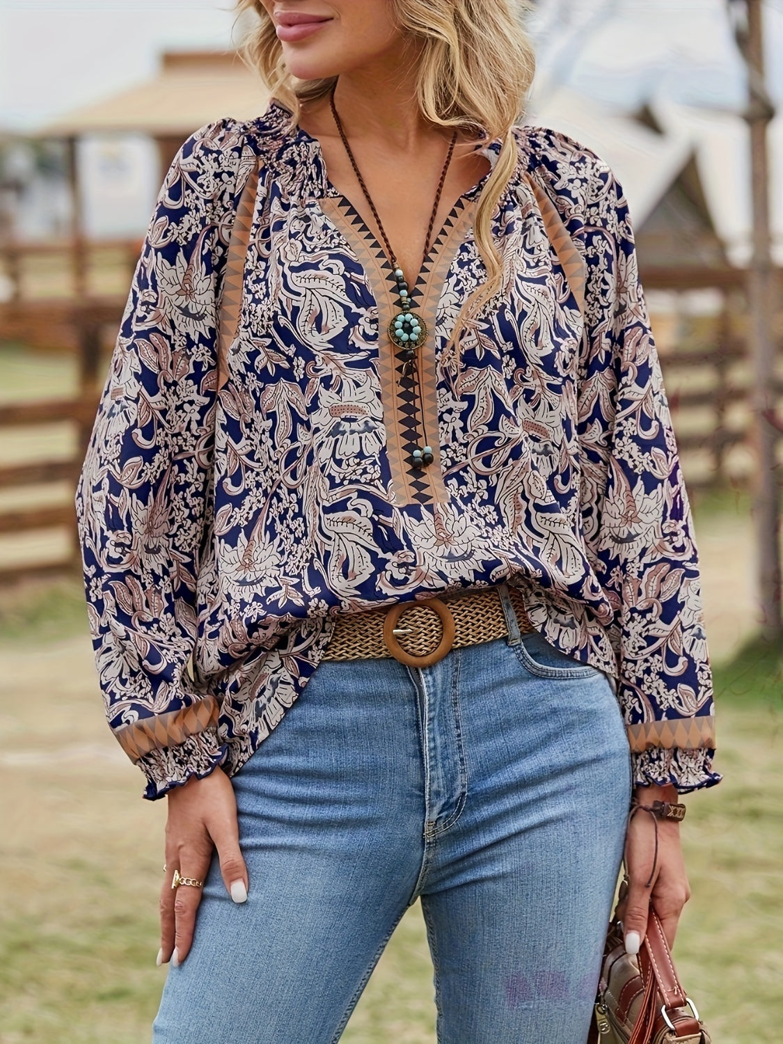 Full Size Printed Notched Long Sleeve Blouse - Thandynie
