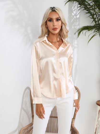 Collared Neck Buttoned Long Sleeve Shirt Tan