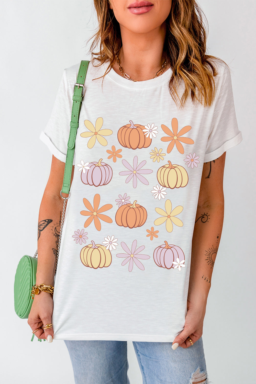 Pumpkin & Flower Round Neck Short Sleeve T-Shirt White