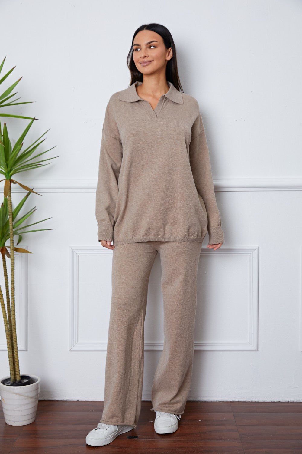 Dropped Shoulder Sweater and Long Pants Set Khaki One Size