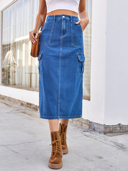 Slit Midi Denim Skirt with Pockets Medium