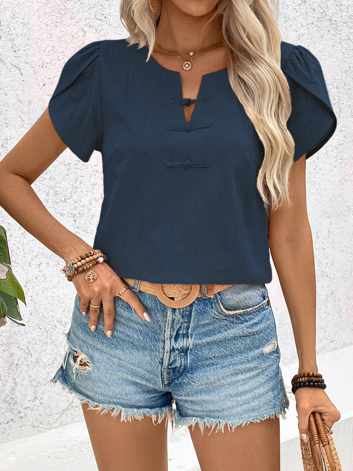Notched Short Sleeve Blouse - Thandynie