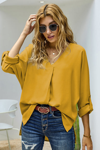 V-Neck Roll-Tab Sleeve Blouse Mustard