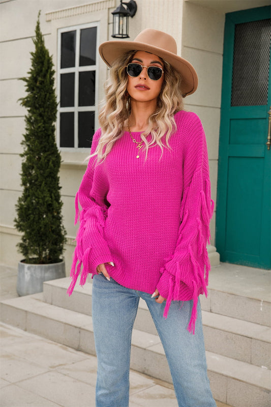 Ribbed Round Neck Fringe Detail Sweater Hot Pink