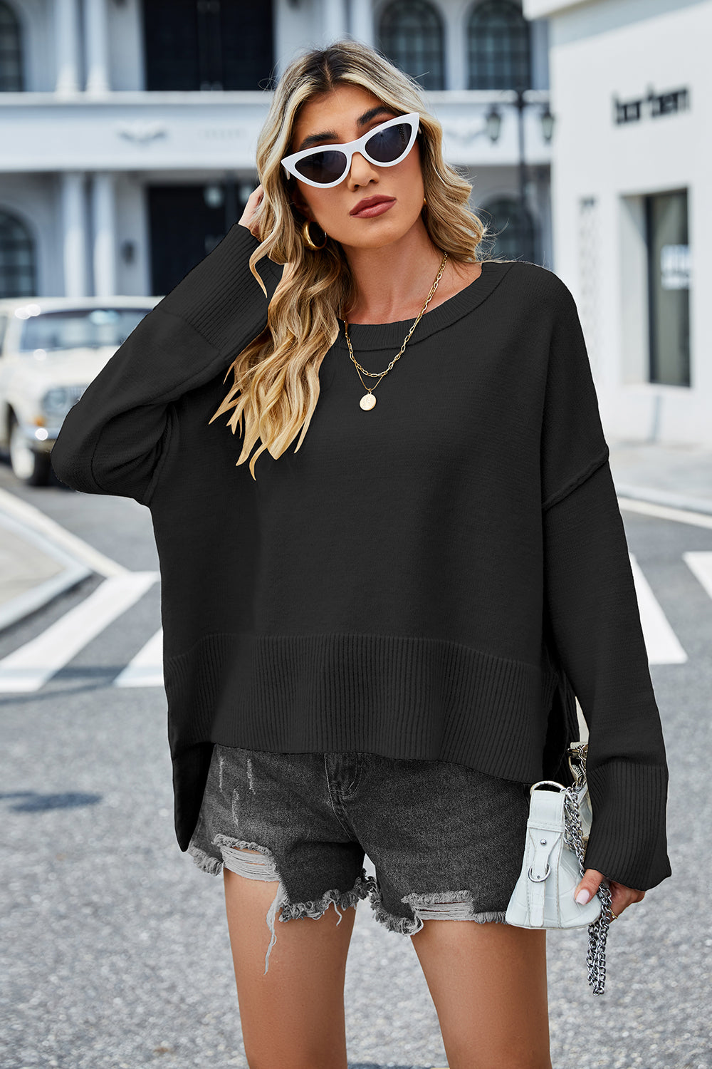 Round Neck Dropped Shoulder Slit Sweater