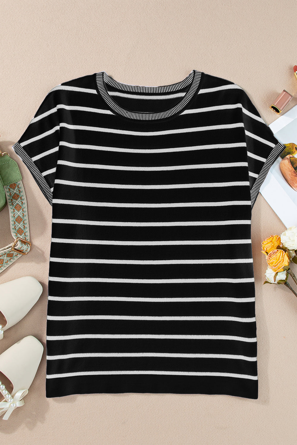 Striped Round Neck Cap Sleeve Knit Top Black