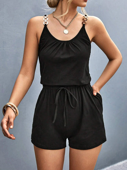 Pocketed Buckle Trim Scoop Neck Romper Black