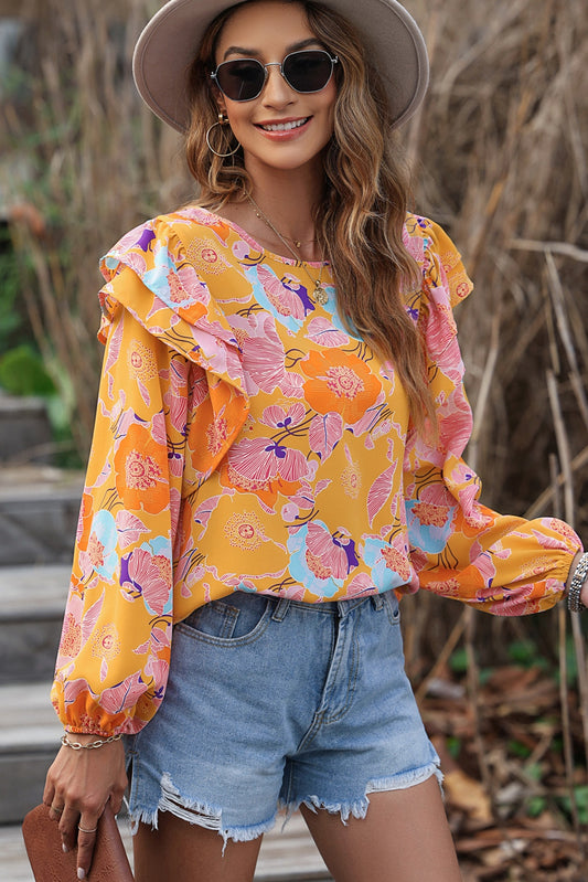 Floral Print Ruffle Puff Sleeve Blouse Tangerine