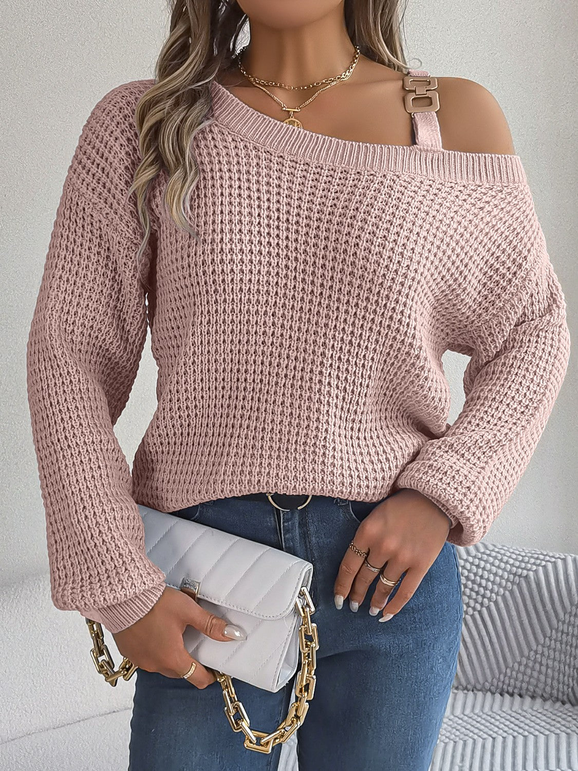 Asymmetrical Neck Long Sleeve Sweater Blush Pink