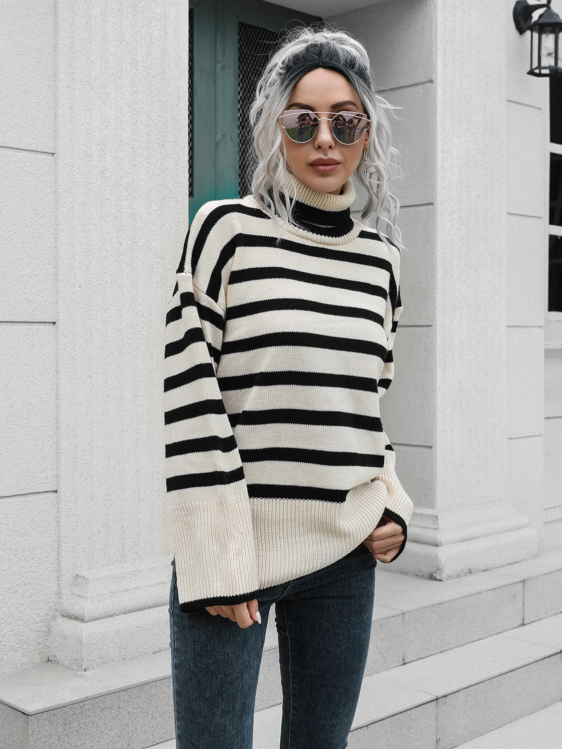 Striped Slit Turtleneck Drop Shoulder Sweater Beige