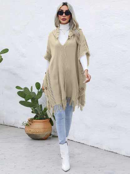 Fringe Trim Buttoned Hooded Poncho Khaki One Size