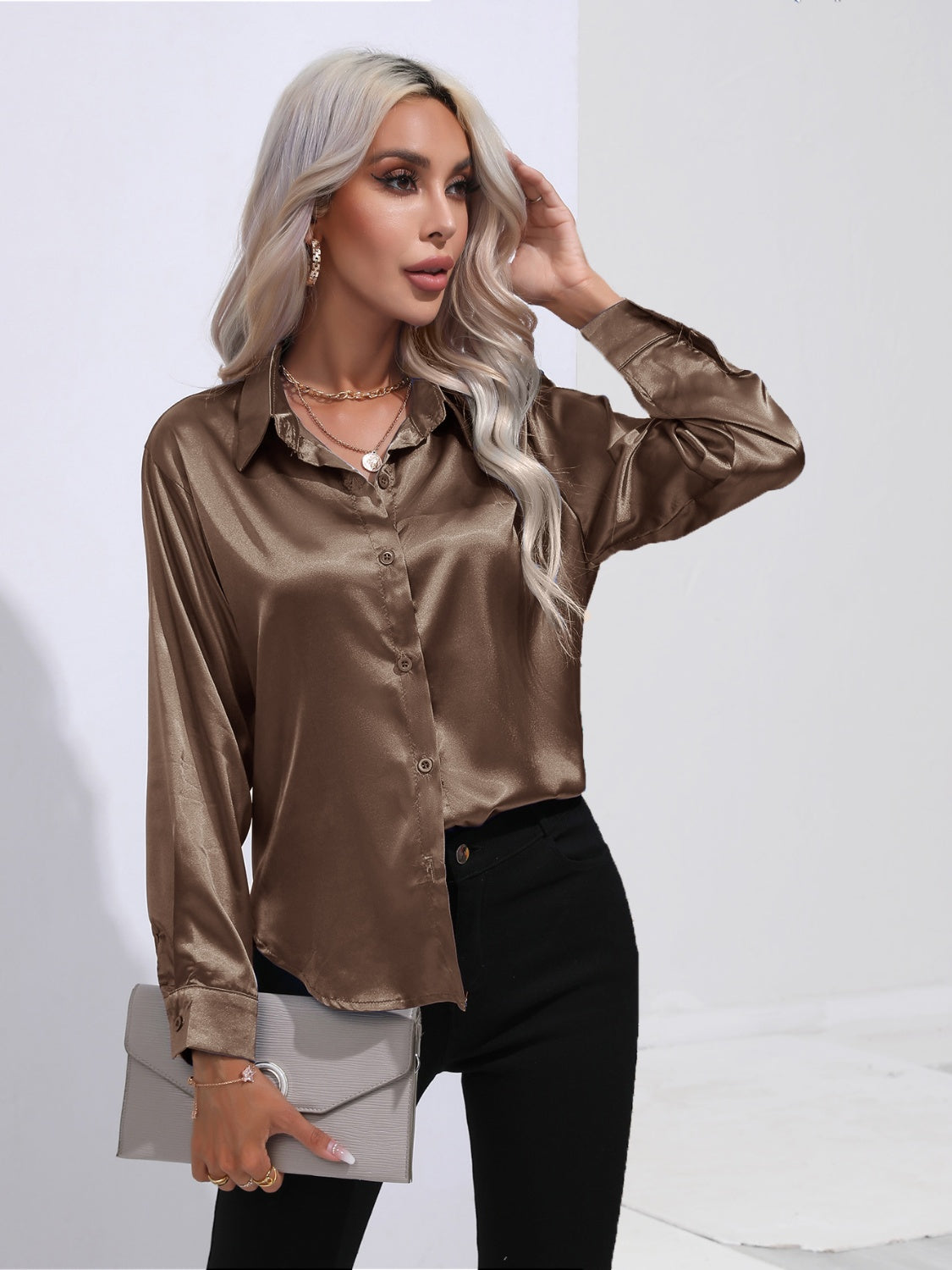 Collared Neck Buttoned Long Sleeve Shirt Mocha