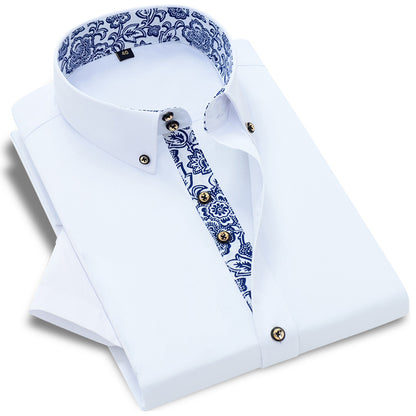 Blue And White Porcelain Collar Business Casual Long Sleeve Shirt Men