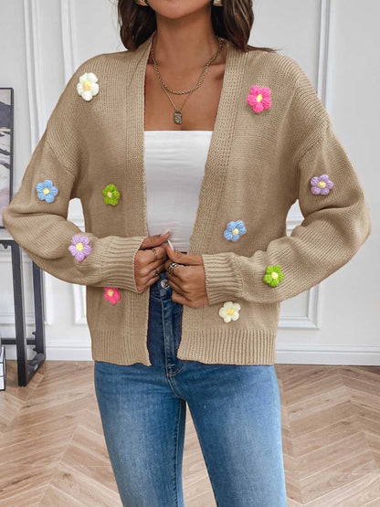 Floral Long Sleeve Open Front Cardigan Khaki