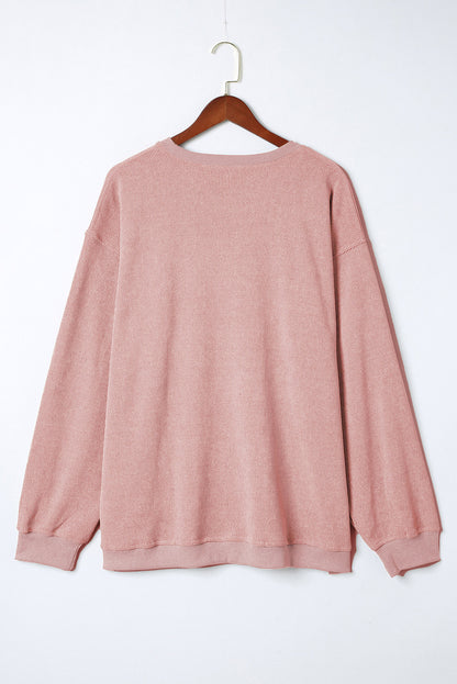 Pink Plus Size Corded Round Neck Sweatshirt