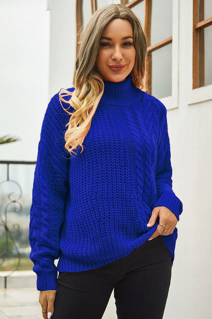 Cable-Knit Turtle Neck Long Sleeve Sweater Royal Blue