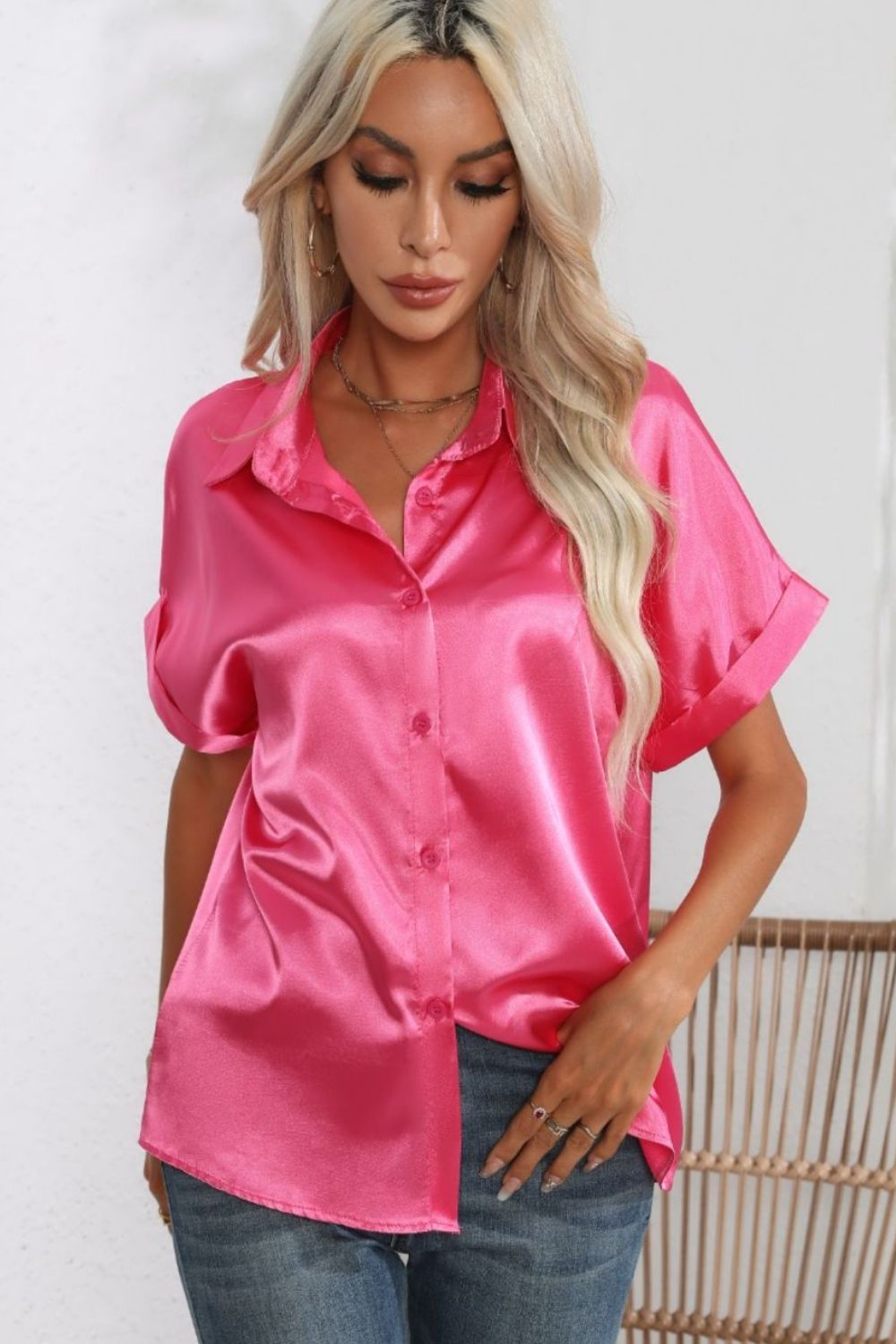 Collared Neck Short Sleeve Shirt Hot Pink