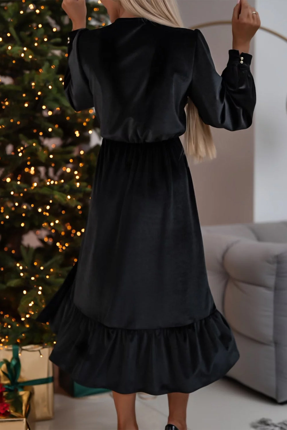 Black Velvet Buttoned Puff Sleeve V-Neck Split Midi Dress - Elegant & Sophisticated Women's Fashion