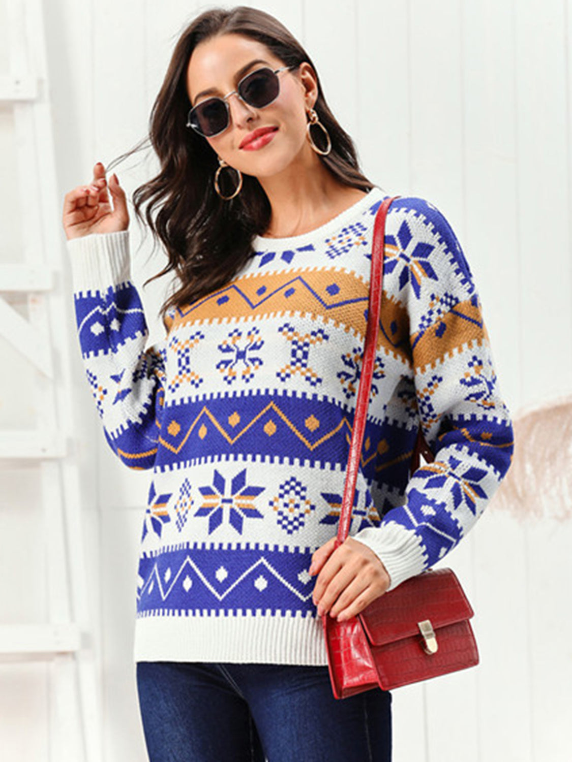 Snowflake Pattern Round Neck Sweater White