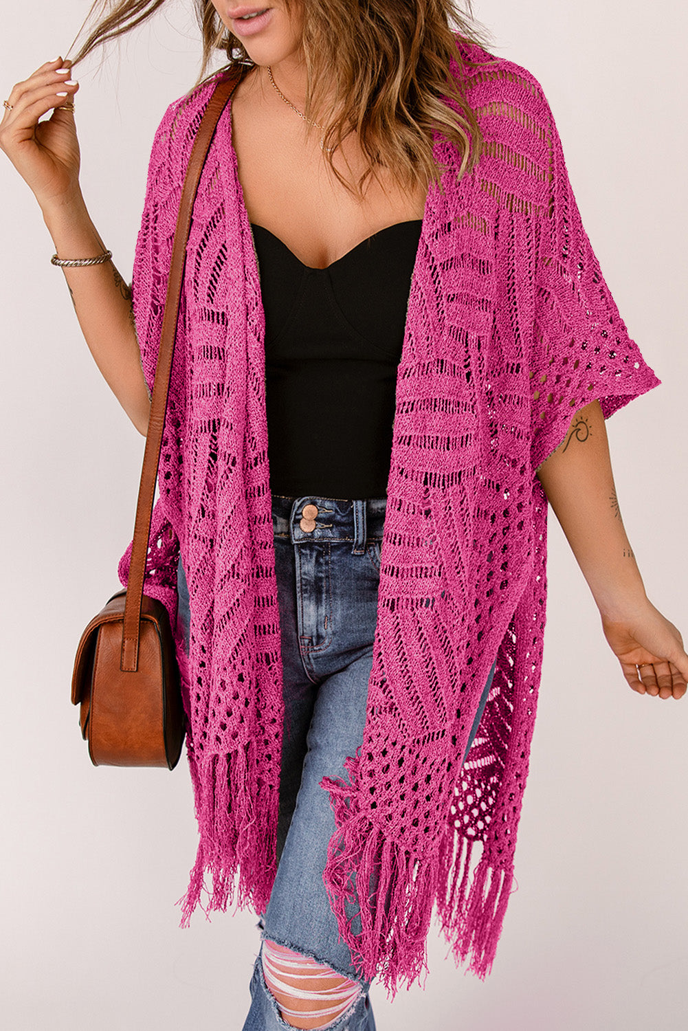 Openwork Open Front Cardigan with Fringes Hot Pink One Size