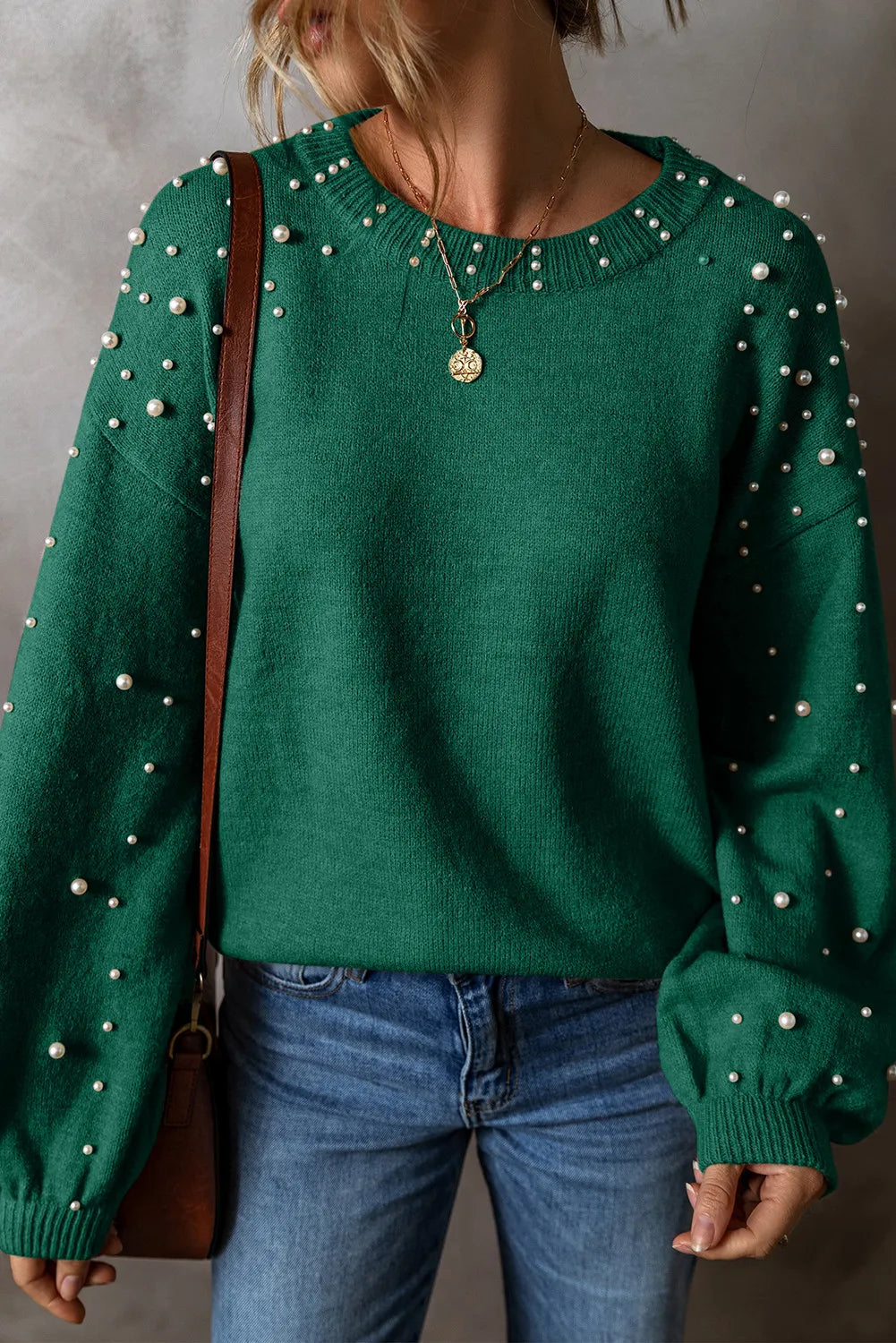 Pearl Detail Round Neck Long Sleeve Sweater | Chic & Cozy Dark Green