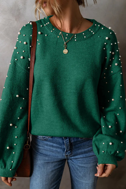 Pearl Detail Round Neck Long Sleeve Sweater | Chic & Cozy Dark Green