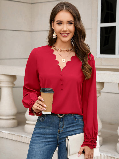 V-Neck Long Sleeve Blouse Red Orange