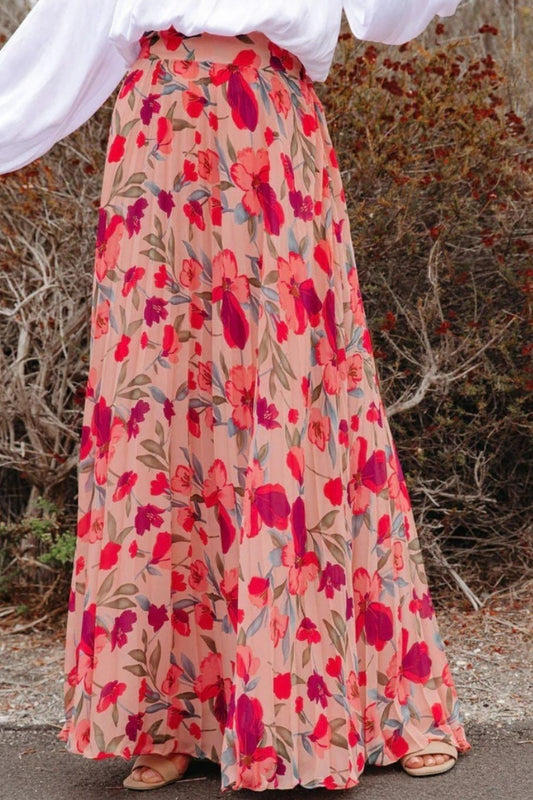 Printed Elastic Waist Pleated Maxi Skirt Hot Pink
