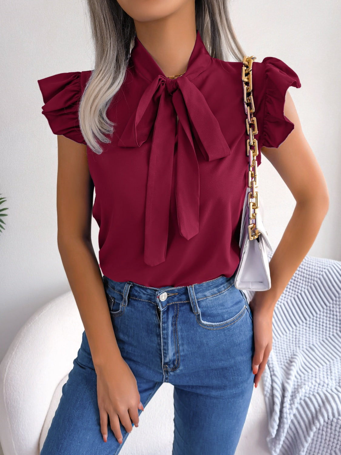 Tie Neck Cap Sleeve Blouse - Thandynie