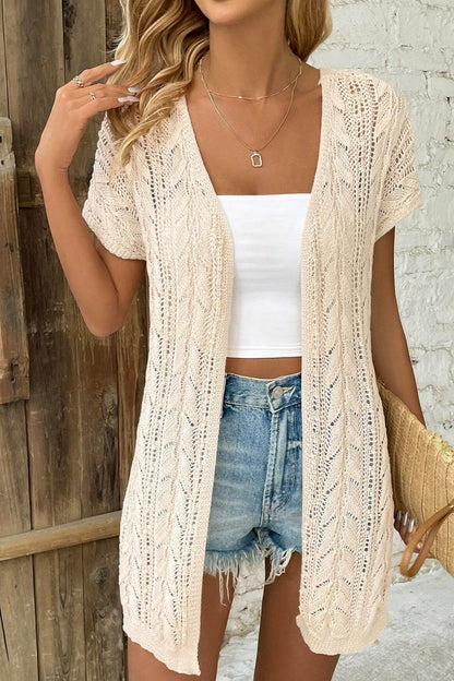 Openwork Open Front Short Sleeve Cardigan Beige