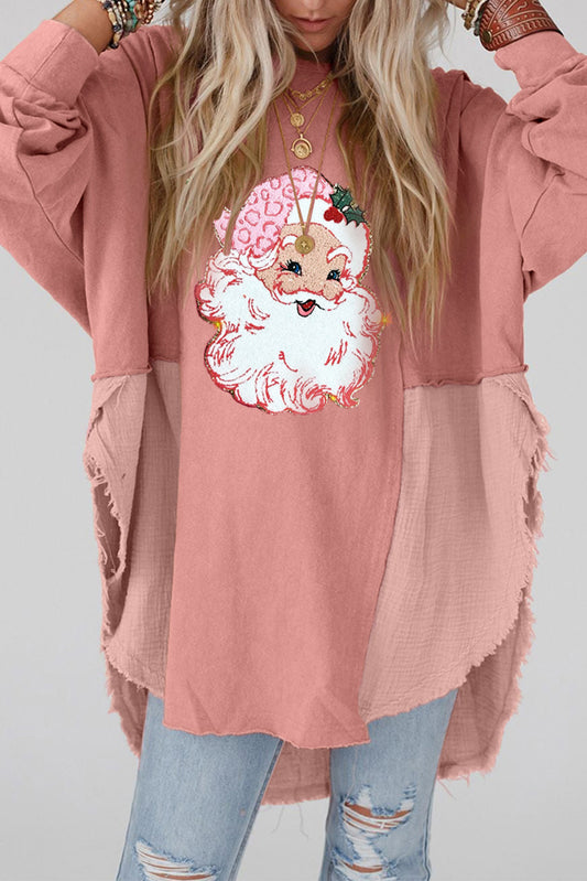 Santa Graphic Exposed Seams Round Neck Blouse Dusty Pink