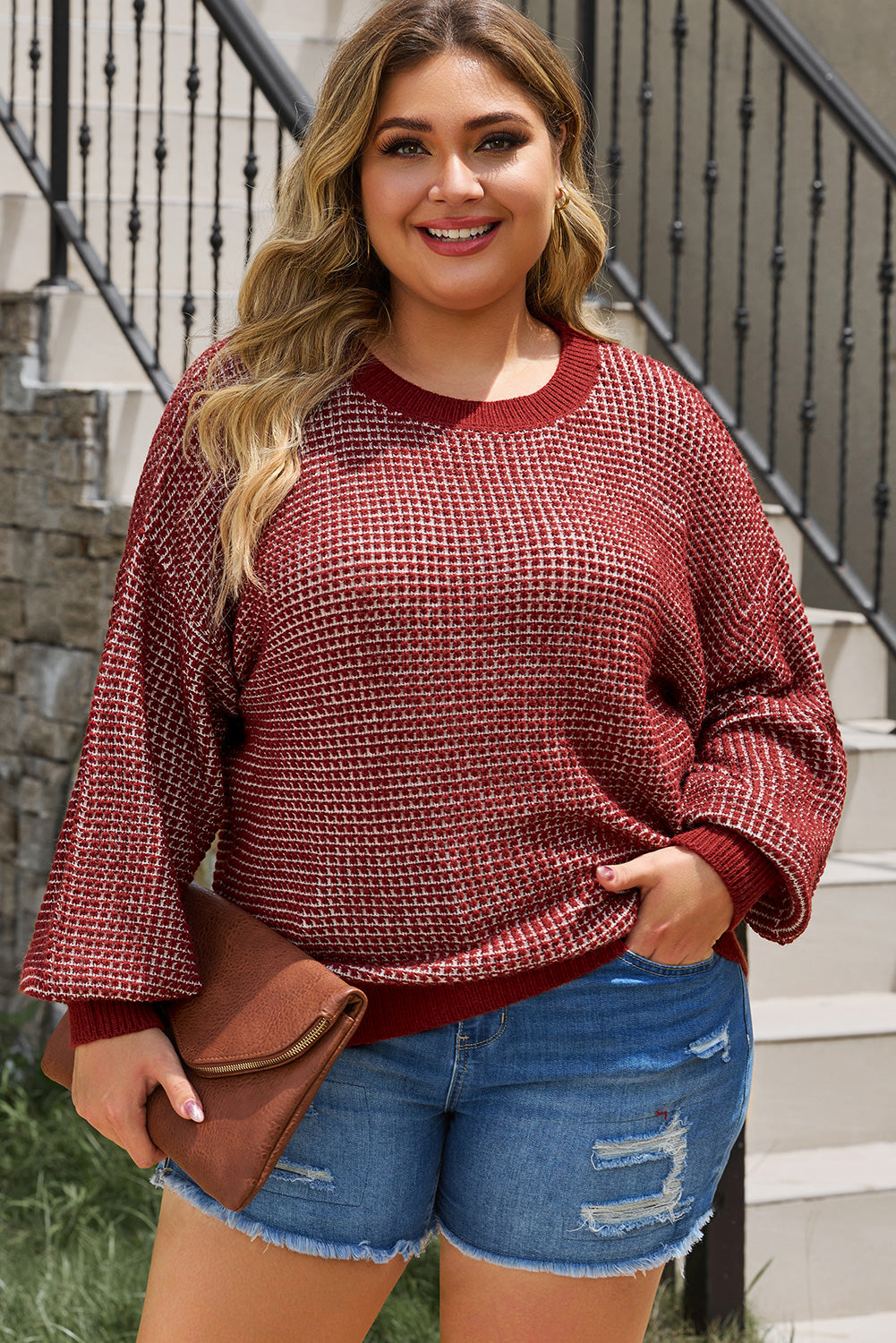 Plus Size Waffle-Knit Round Neck Dropped Shoulder Sweater Deep Red