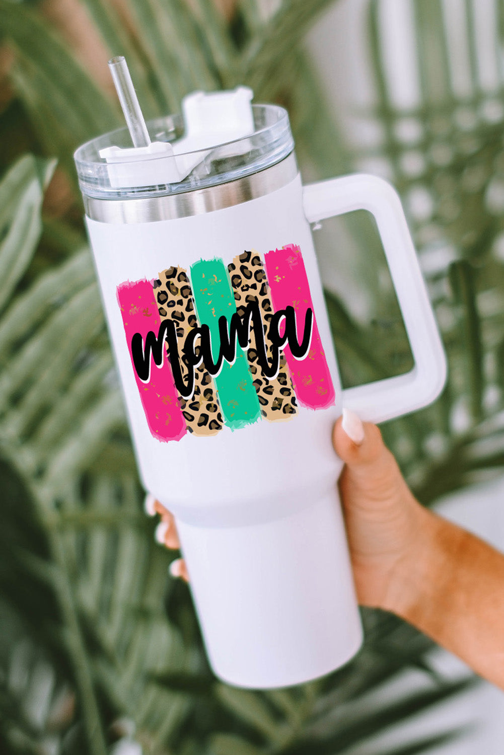 White mama Leopard Colorblock Handle Portable Cup 40oz