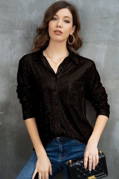 Sequin Button Up Long Sleeve Shirt Black