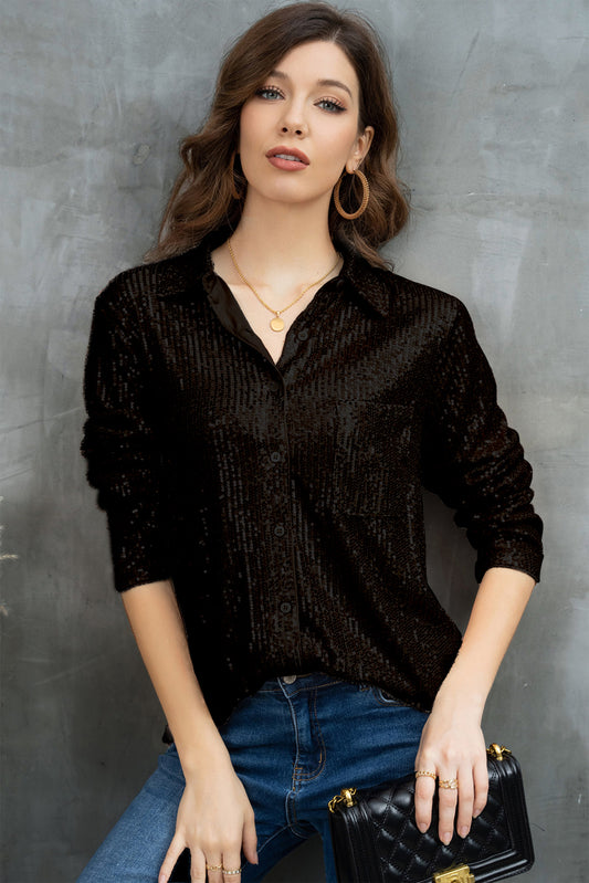 Sequin Button Up Long Sleeve Shirt - Thandynie
