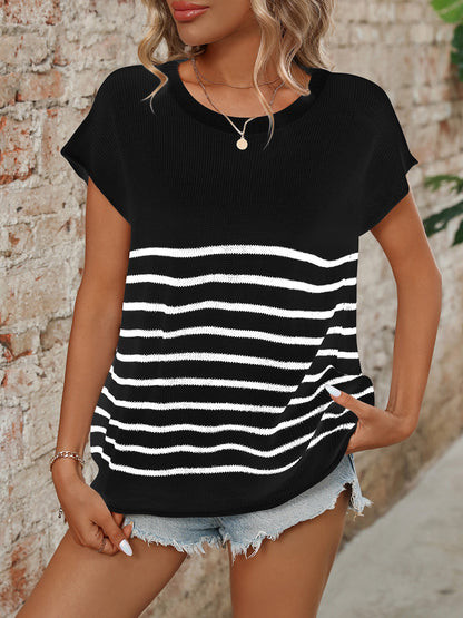 Striped Round Neck Short Sleeve Knit Top Black