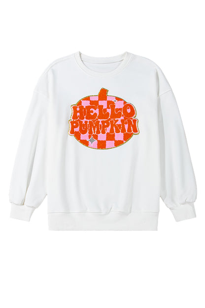 White Terry Halloween Pumpkin Patched Pattern Pullover Sweatshirt