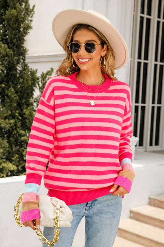 Warm Spice Striped Round Neck Sweater Fuchsia