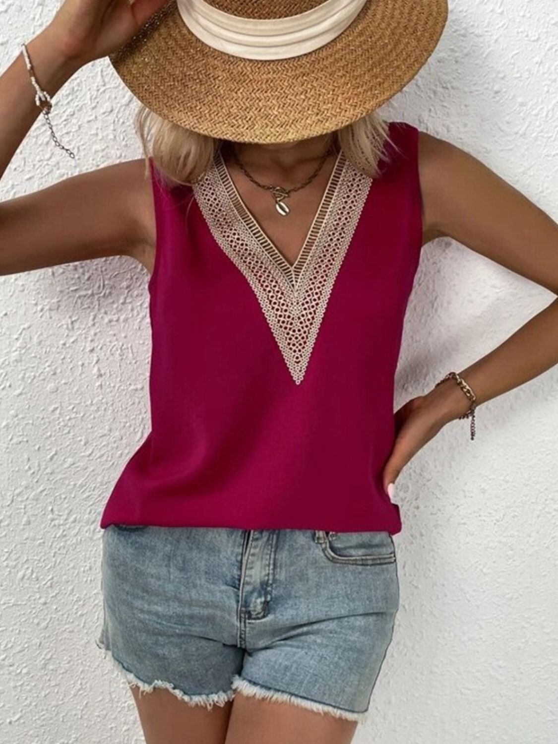 Full Size Lace Detail V-Neck Tank Deep Red