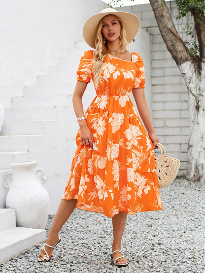 Printed Asymmetric Neck Short Sleeve Midi Dress Orange