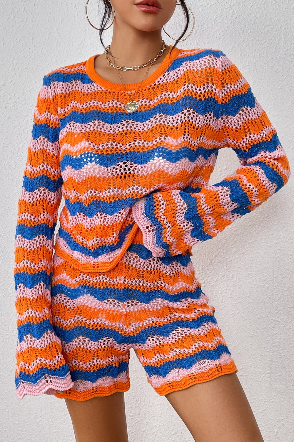 Striped Sweater and Knit Shorts Set Orange-Red