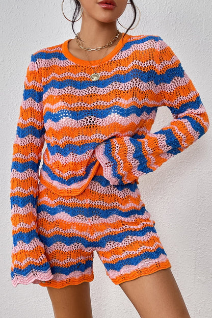 Striped Sweater and Knit Shorts Set Orange-Red