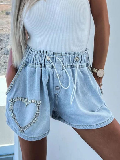 Rhinestone Drawstring Denim Shorts Light Blue