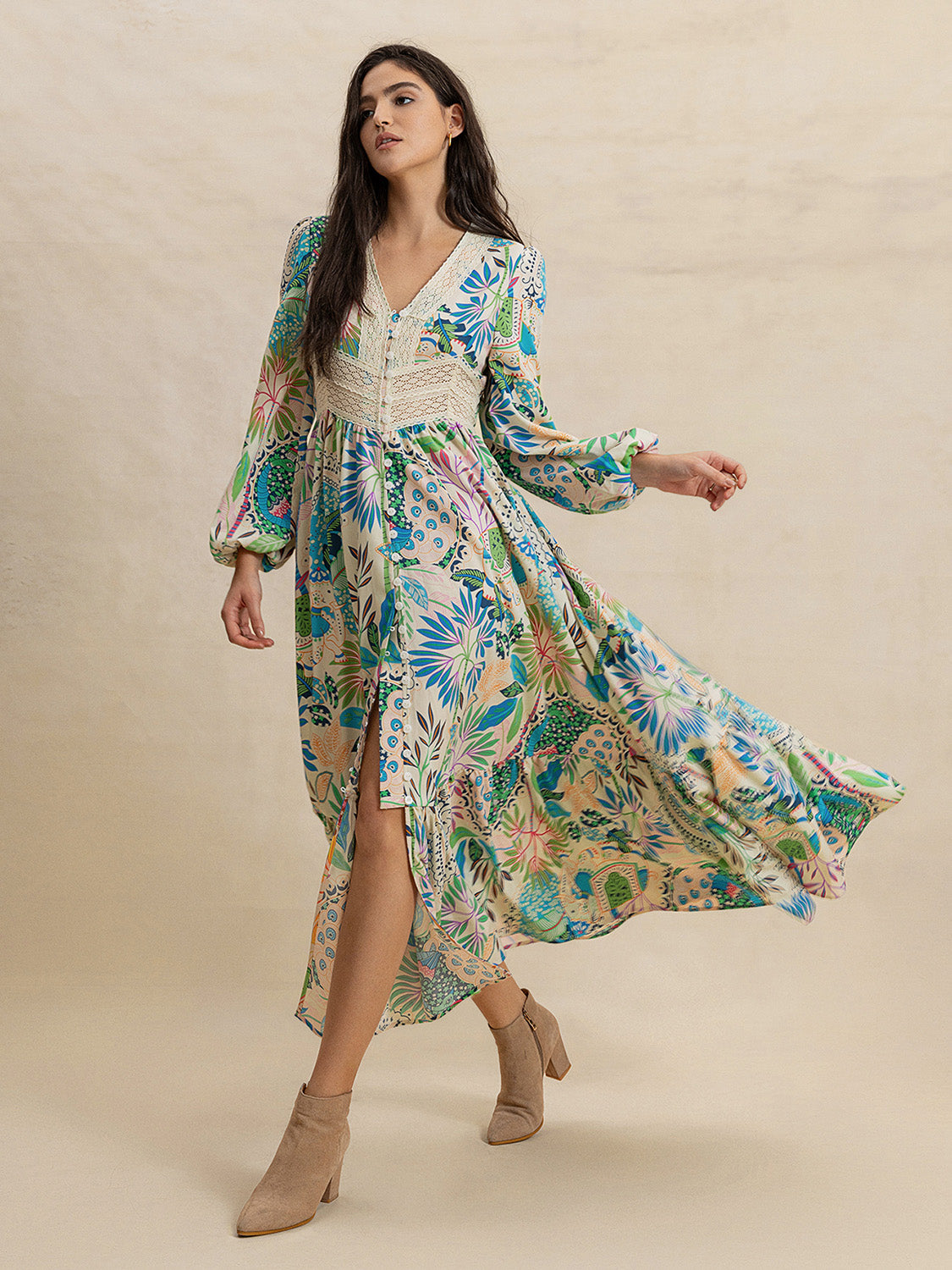 Slit Printed V-Neck Long Sleeve Midi Dress Multicolor