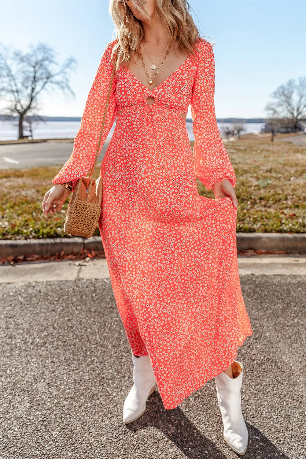 Printed V-Neck Long Sleeve Midi Dress Strawberry