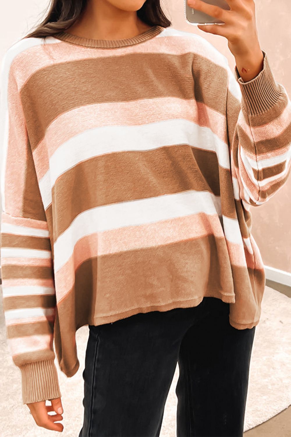 Striped Round Neck Long Sleeve Sweater Tan