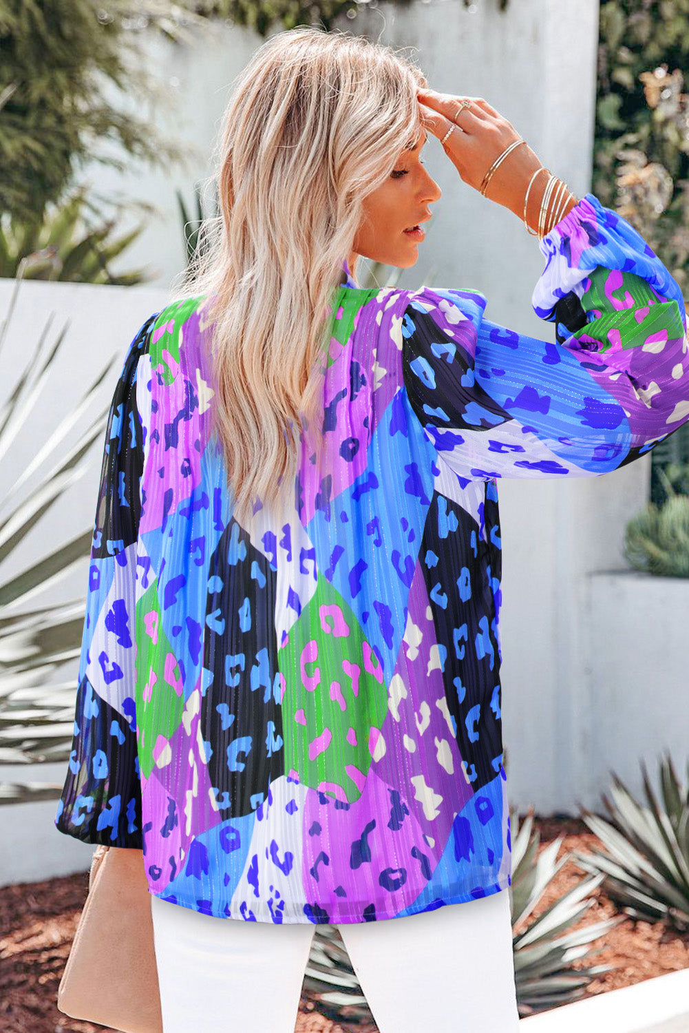 Printed Notched Long Sleeve Blouse