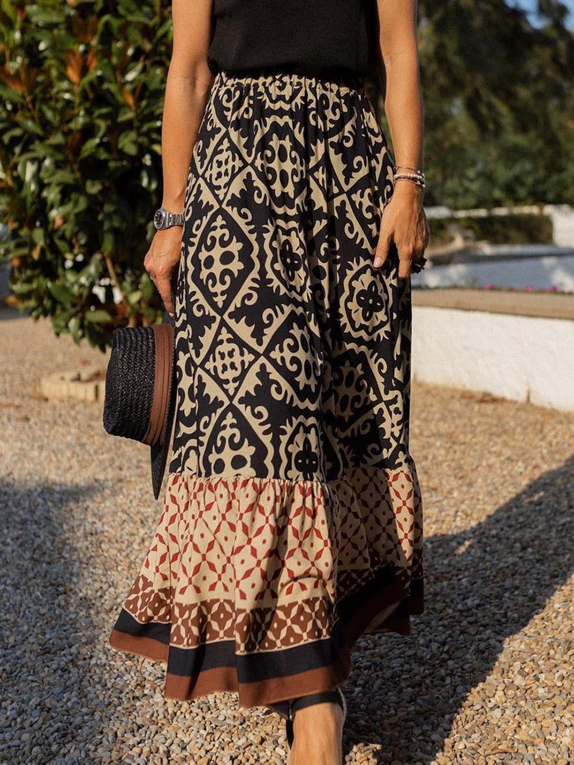 Geometric Elastic Waist Maxi Skirt Black